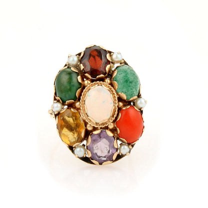 Multi Color 14k Yellow Gold Gemstone Oval Top Ring - Size 9