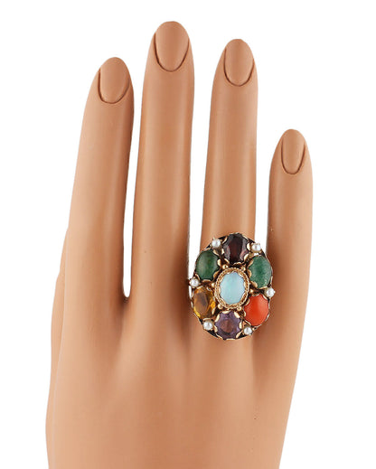 Multi Color 14k Yellow Gold Gemstone Oval Top Ring - Size 9