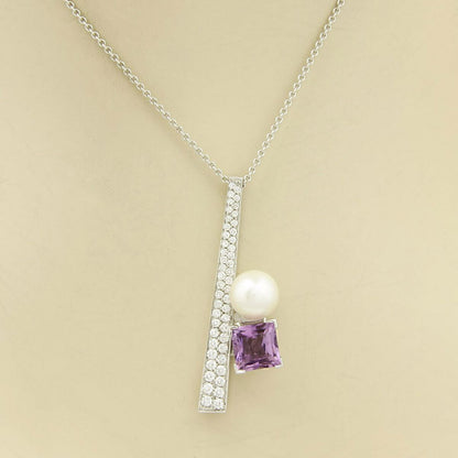 Koesia 18k White Gold 2.50ct Diamond Amethyst 9mm Pearl Pendant Necklace