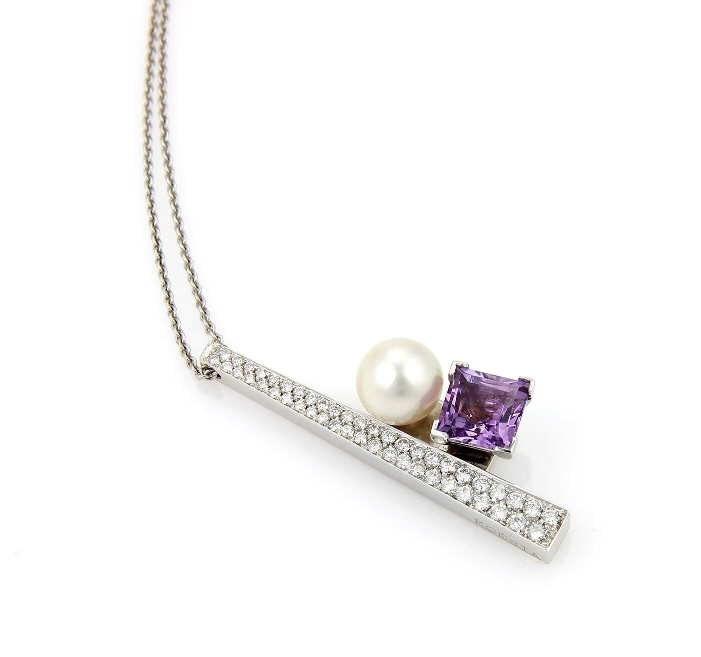 Koesia 18k White Gold 2.50ct Diamond Amethyst 9mm Pearl Pendant Necklace