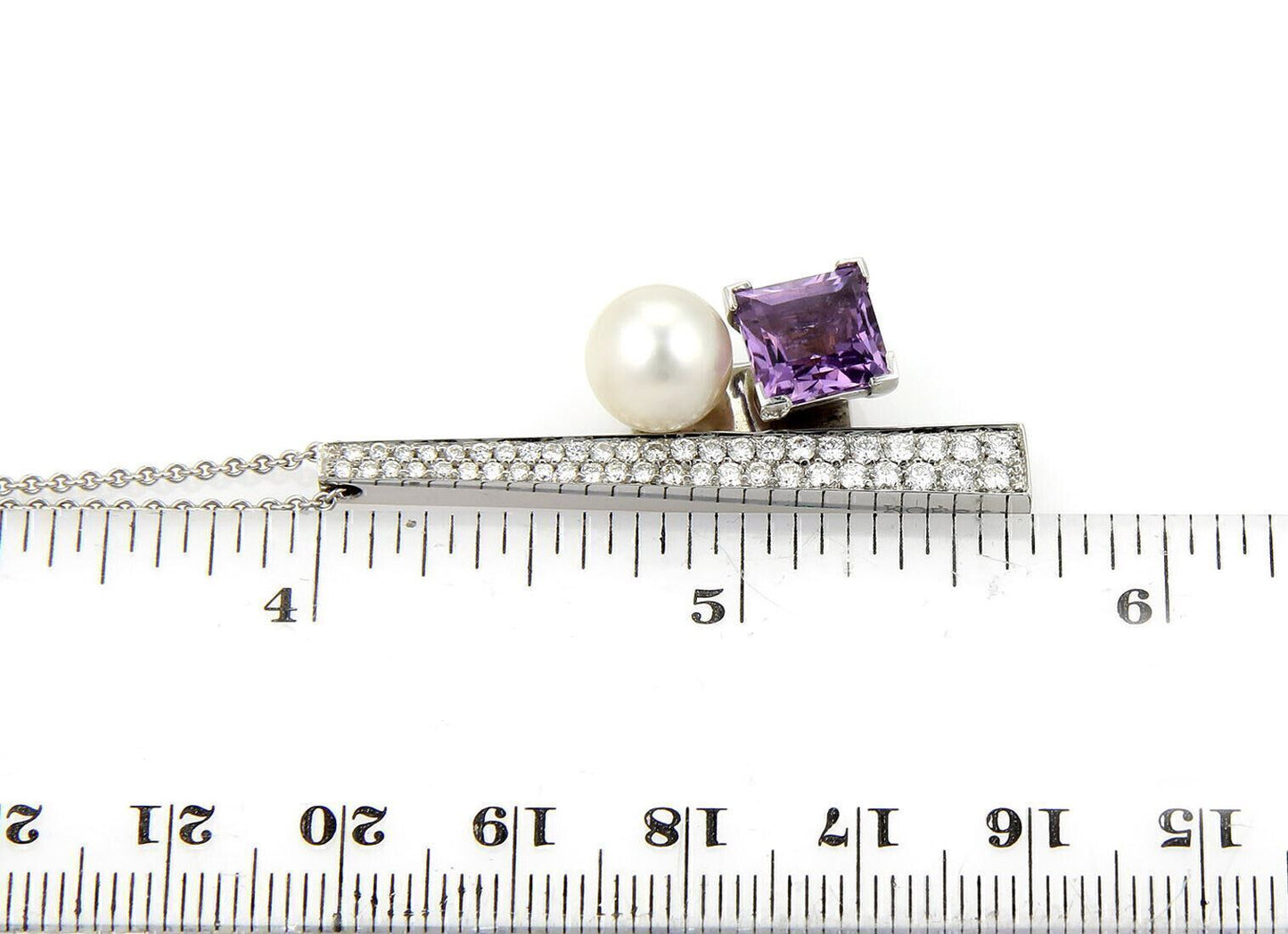 Koesia 18k White Gold 2.50ct Diamond Amethyst 9mm Pearl Pendant Necklace