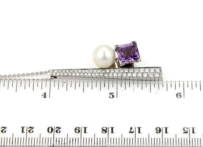 Koesia 18k White Gold 2.50ct Diamond Amethyst 9mm Pearl Pendant Necklace