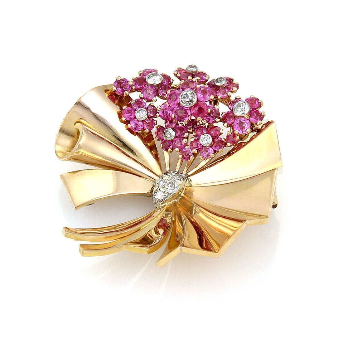 Retro 2.40ct Rubies & Diamonds Fancy Flower 14k Rose Gold Pin Brooch