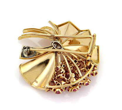 Retro 2.40ct Rubies & Diamonds Fancy Flower 14k Rose Gold Pin Brooch