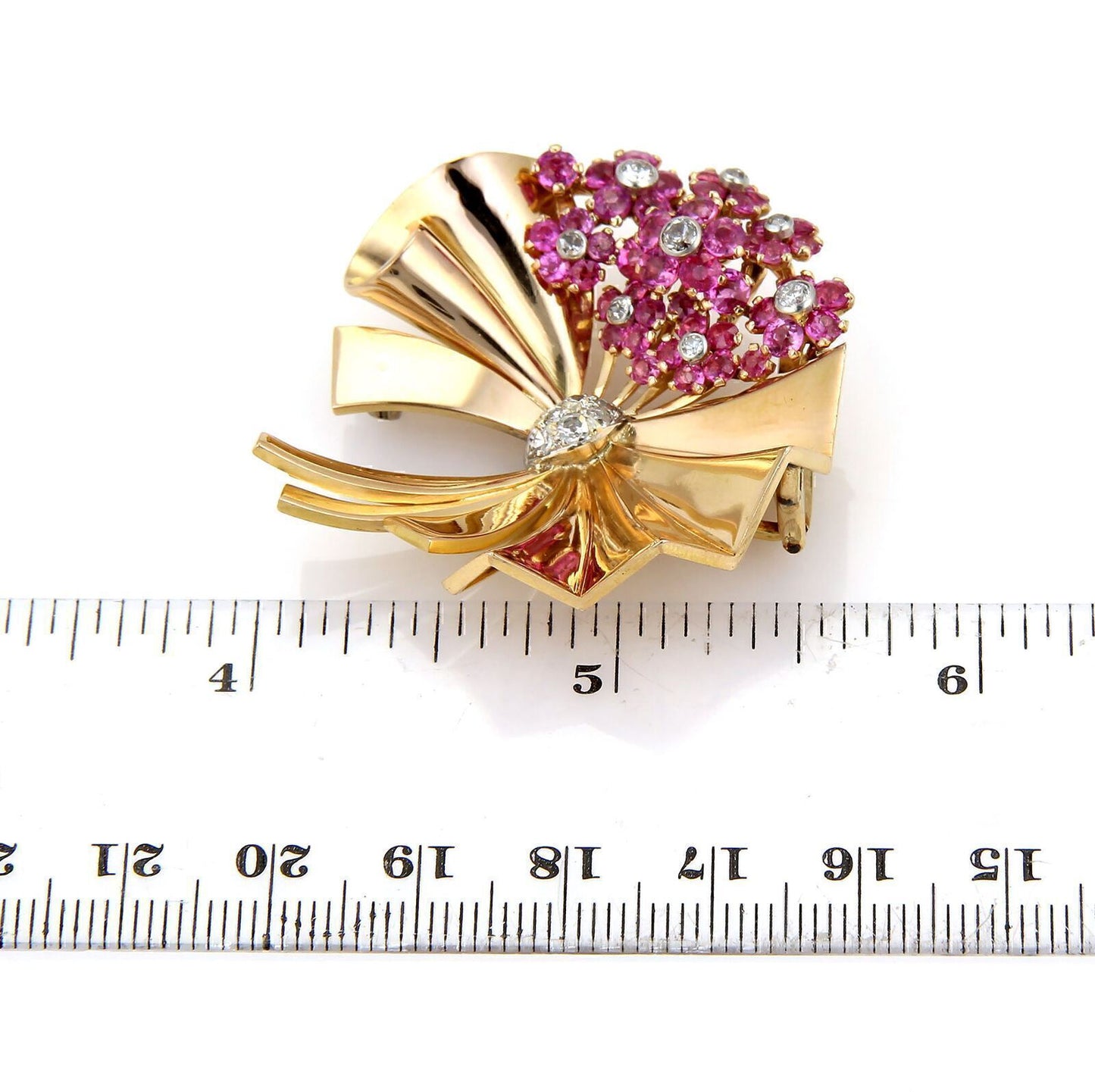 Retro 2.40ct Rubies & Diamonds Fancy Flower 14k Rose Gold Pin Brooch