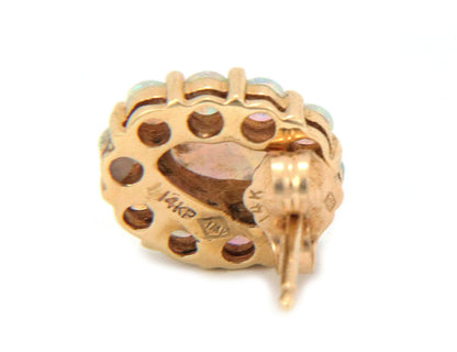 Fire Opal 14k Yellow Gold Oval Halo Stud Earrings