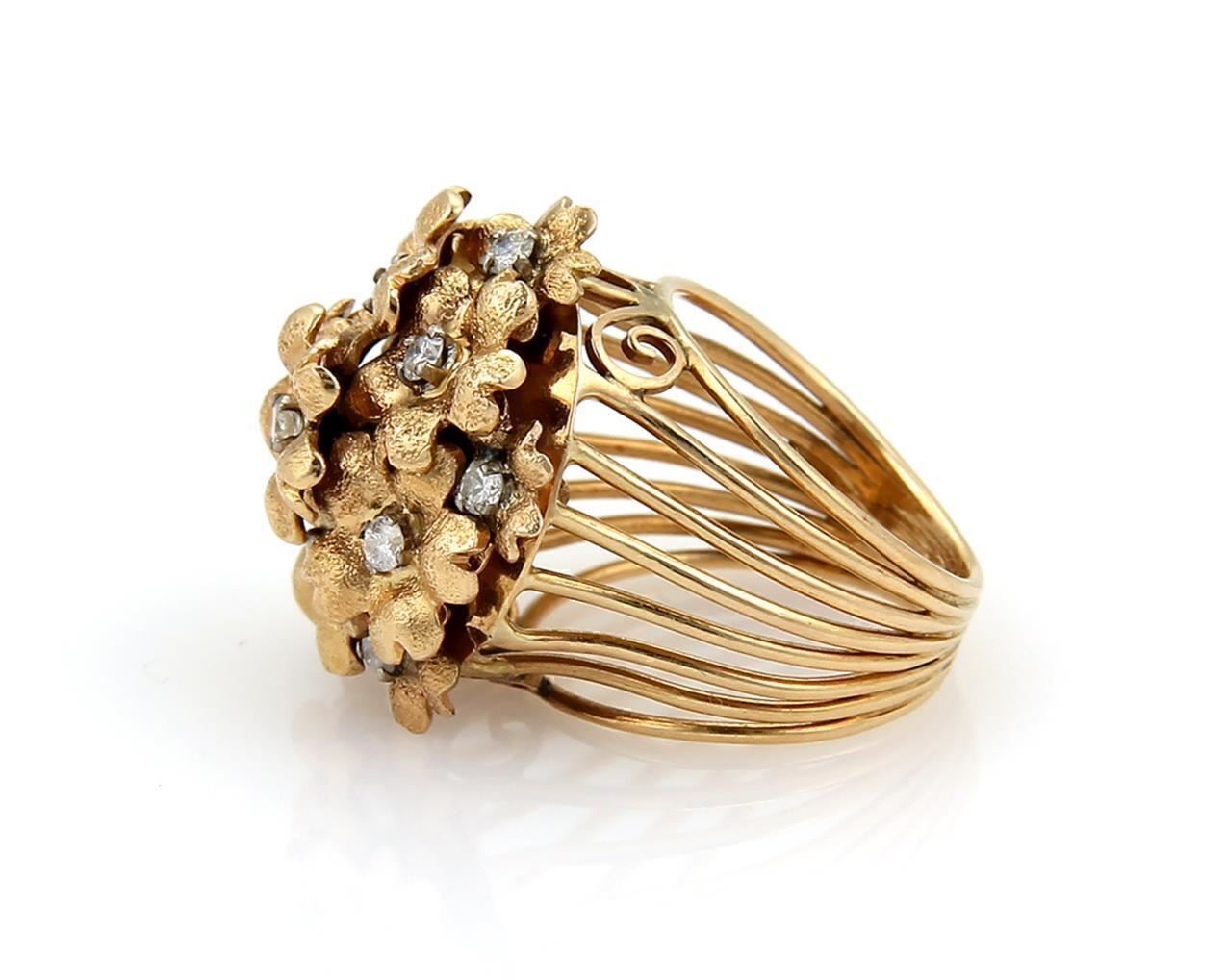 Diamonds Spring Flowers 18k Yellow Gold Cluster Ring - Size 7