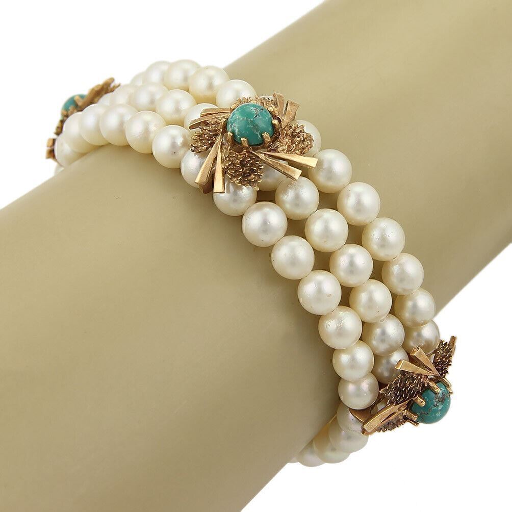 Triple Strand Pearls Green Agate 14k Yellow Gold Bracelet