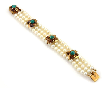 Triple Strand Pearls Green Agate 14k Yellow Gold Bracelet