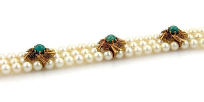 Triple Strand Pearls Green Agate 14k Yellow Gold Bracelet