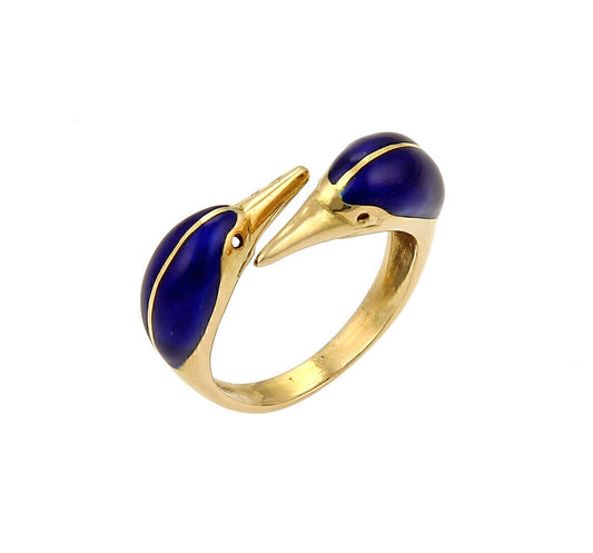 Two Birds Head Bypass 18k Yellow Gold & Enamel Ring - Size 6