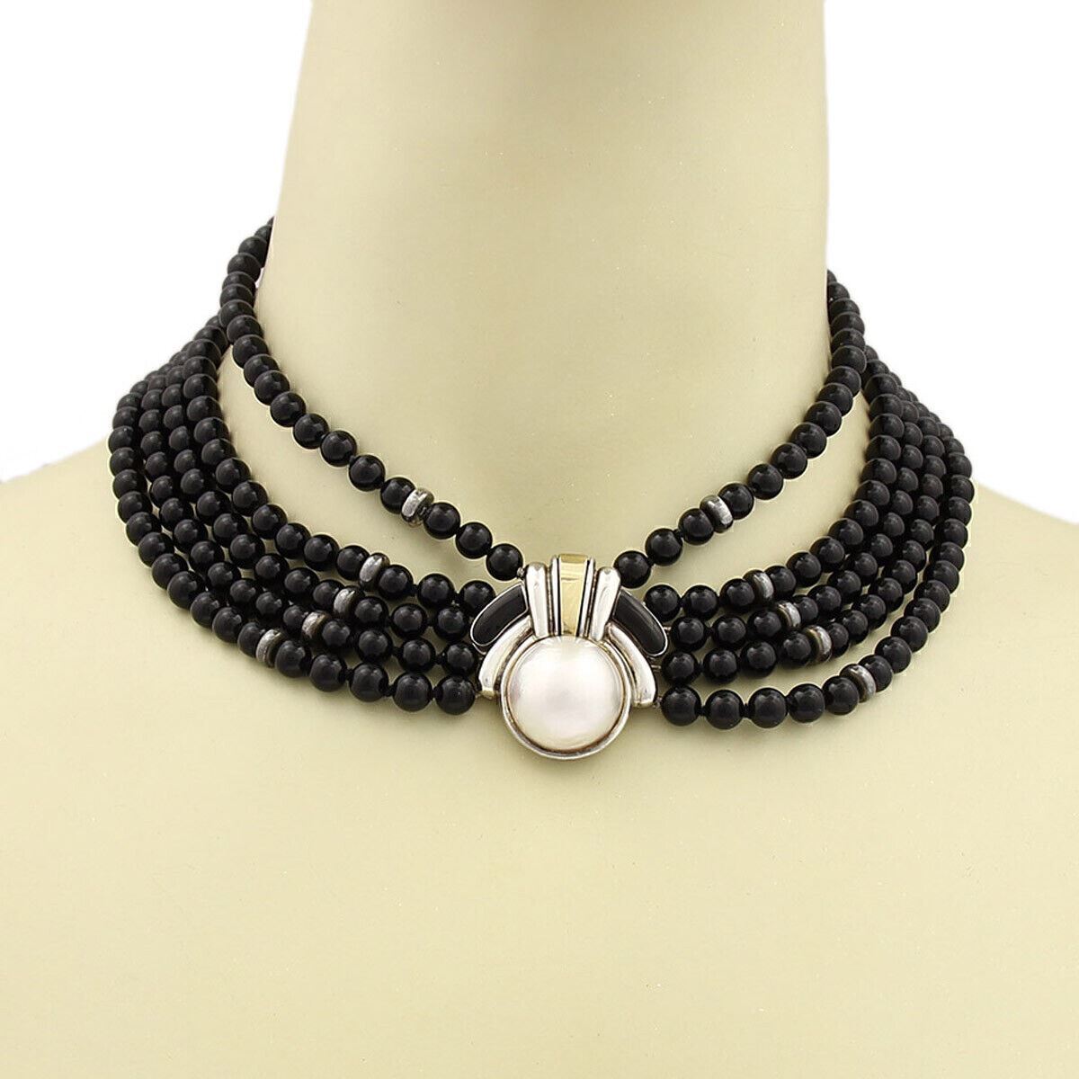 Cartier Mabe Pearl & Onyx Bead 18k Gold Sterling Choker Necklace