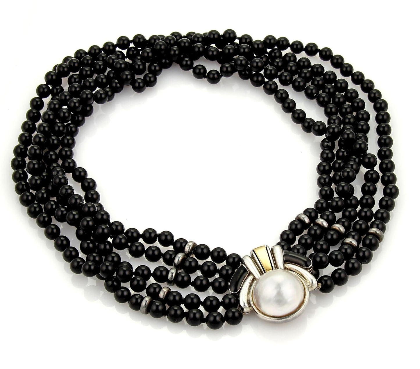 Cartier Mabe Pearl & Onyx Bead 18k Gold Sterling Choker Necklace