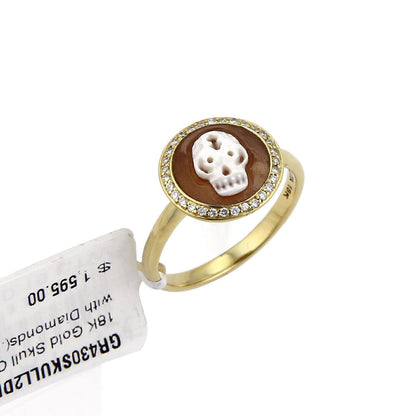 Ippolita Diamond Shell Cameo Skull 18k Yellow Gold Round Ring - Size 6.5
