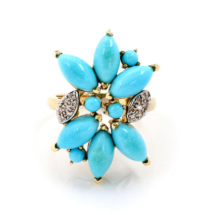 Turquoise & Diamond 14k Two Tone Gold Floral Ring - Size 8