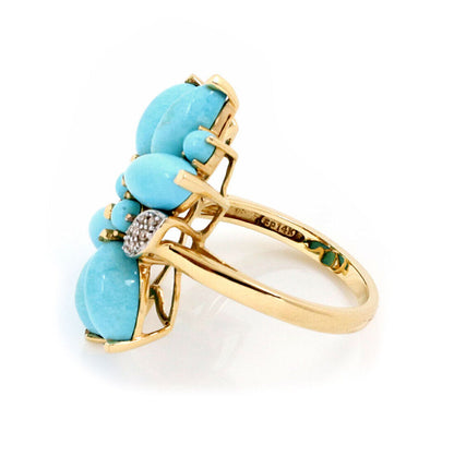 Turquoise & Diamond 14k Two Tone Gold Floral Ring - Size 8