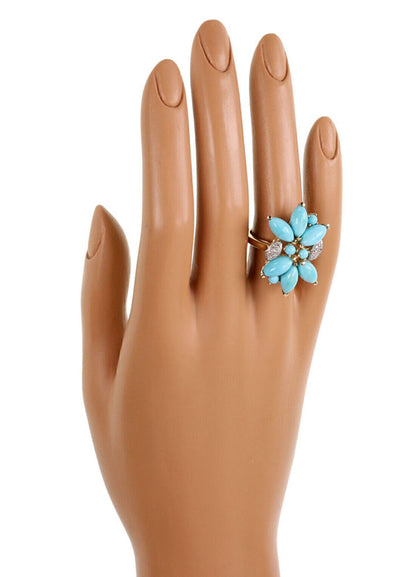 Turquoise & Diamond 14k Two Tone Gold Floral Ring - Size 8