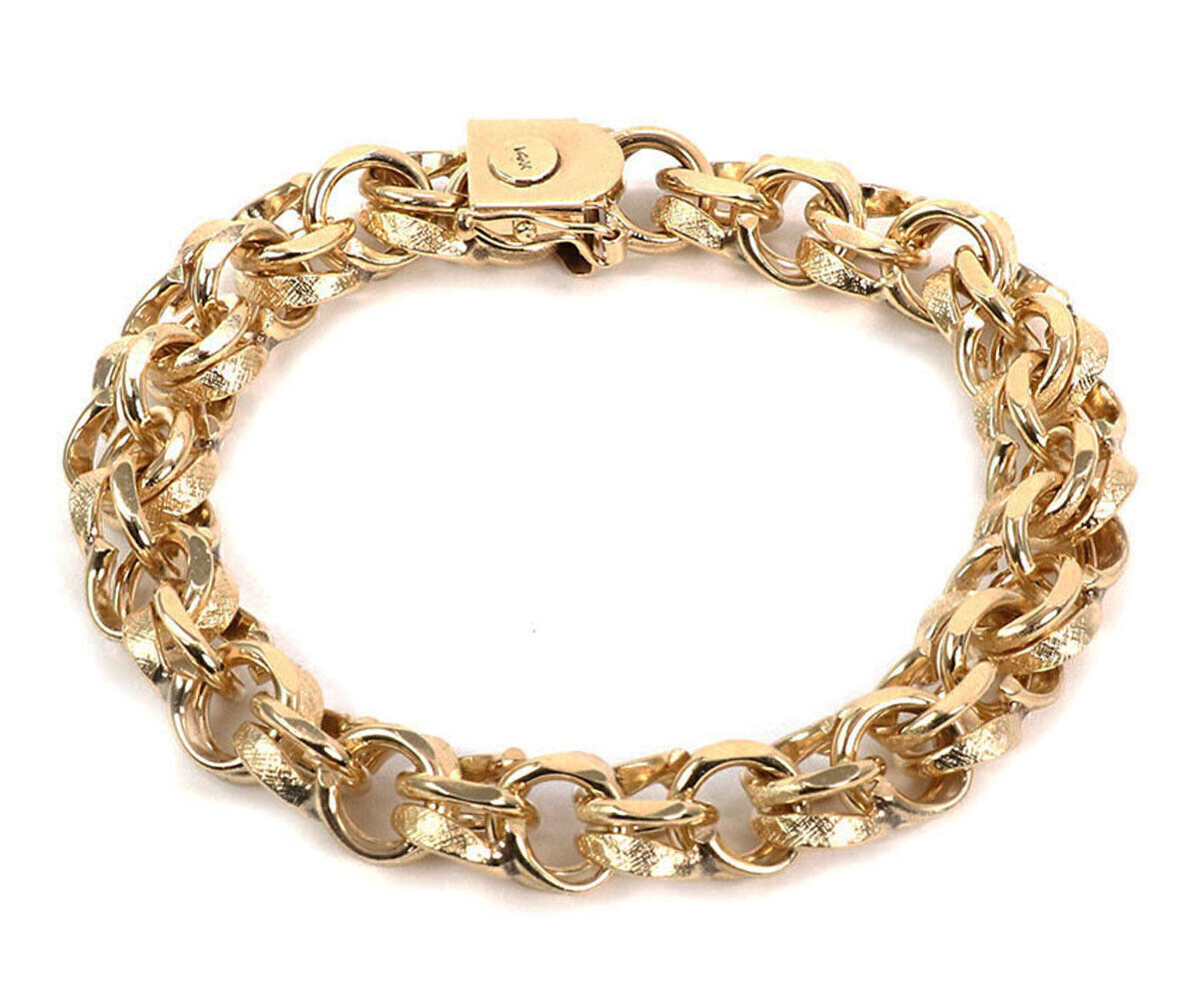 Double Ring 14k Yellow Gold Links Charm Bracelet 8" Long