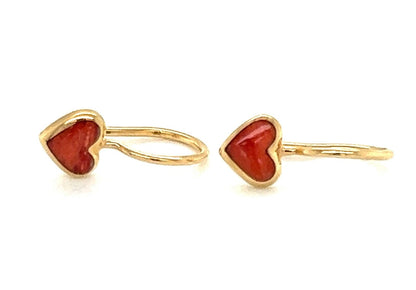 Kabana Red Spiny Oyster 14k Yellow Gold Mini Heart Hook Dangle Earrings