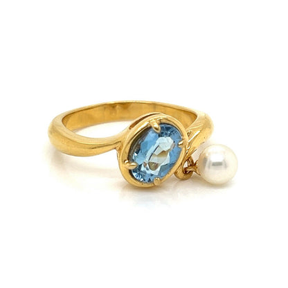 Mikimoto Pearl Blue Topaz 18k Yellow Gold Dangle Charm Ring - Size 5