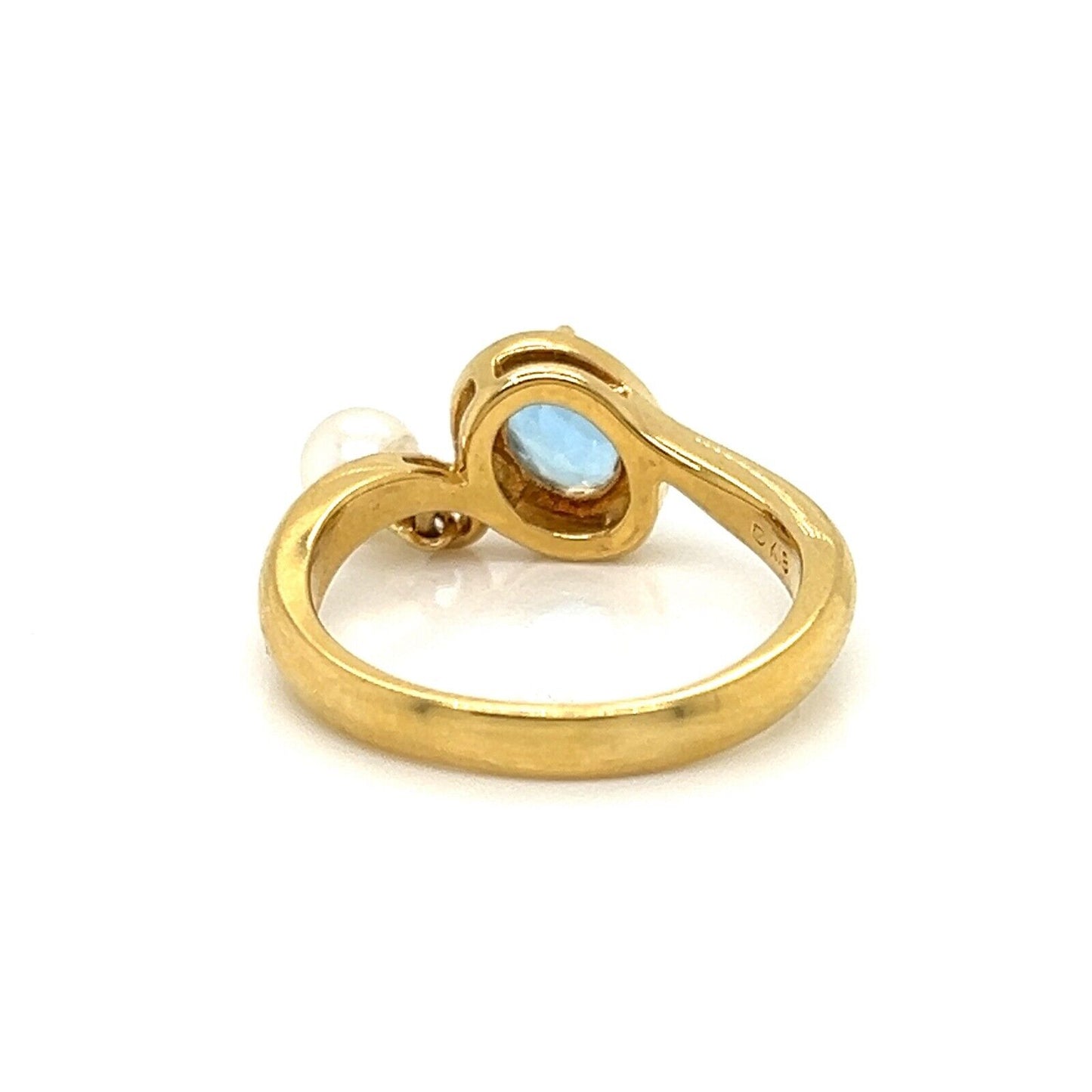 Mikimoto Pearl Blue Topaz 18k Yellow Gold Dangle Charm Ring - Size 5