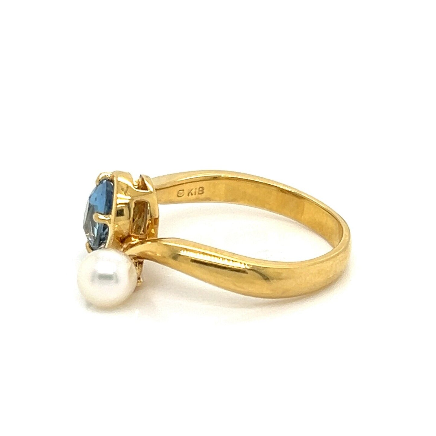 Mikimoto Pearl Blue Topaz 18k Yellow Gold Dangle Charm Ring - Size 5