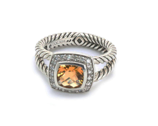 David Yurman Petite Albion Diamond Citrine Sterling Silver Ring Size 6