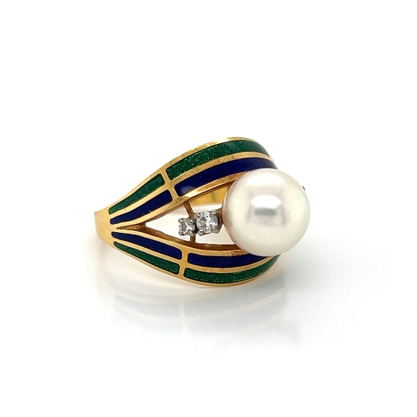 Mikimoto Pearl Diamond Enamel 18k Gold Dome Ring - Size 5