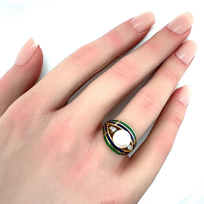 Mikimoto Pearl Diamond Enamel 18k Gold Dome Ring - Size 5
