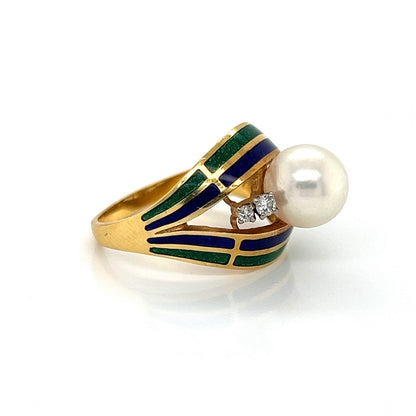 Mikimoto Pearl Diamond Enamel 18k Gold Dome Ring - Size 5