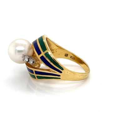Mikimoto Pearl Diamond Enamel 18k Gold Dome Ring - Size 5