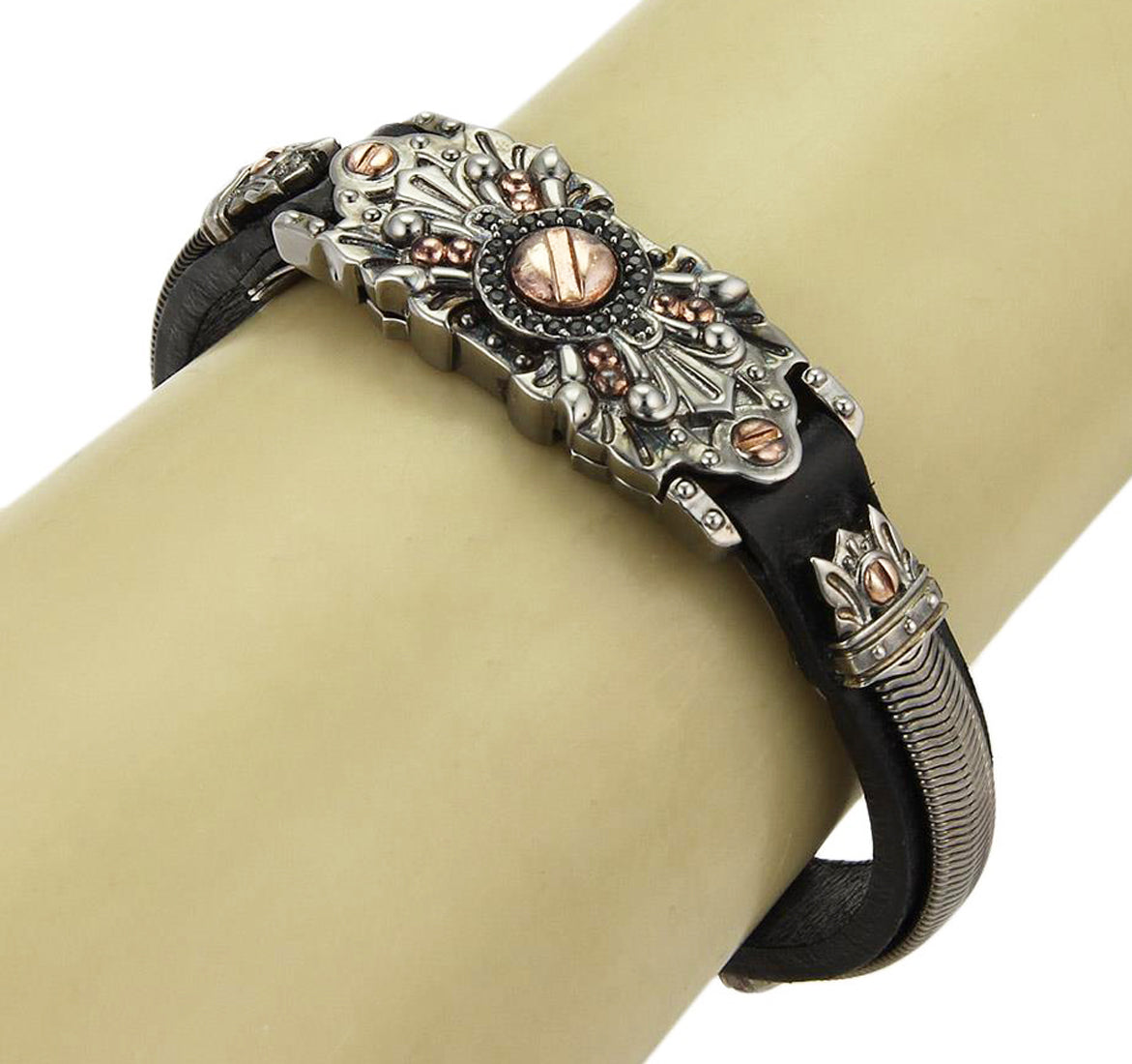 Stephen Webster Sterling Black Rhodium Rose Gold Leather Bracelet | Bracelets | Bracelets, catalog, Designer Jewelry, Stephen Webster, Sterling Silver | Stephen Webster