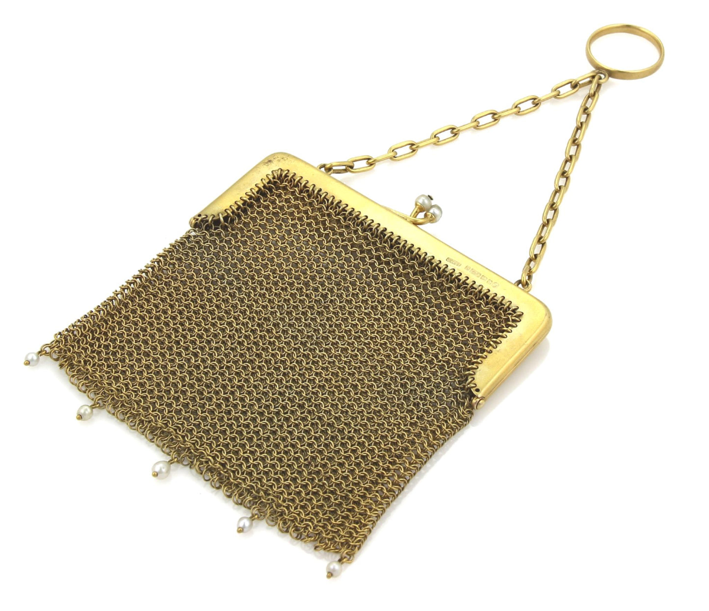 Victorian 9k Yellow Gold & Pearls Mesh Purse Bag Circa 1800s