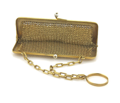 Victorian 9k Yellow Gold & Pearls Mesh Purse Bag Circa 1800s