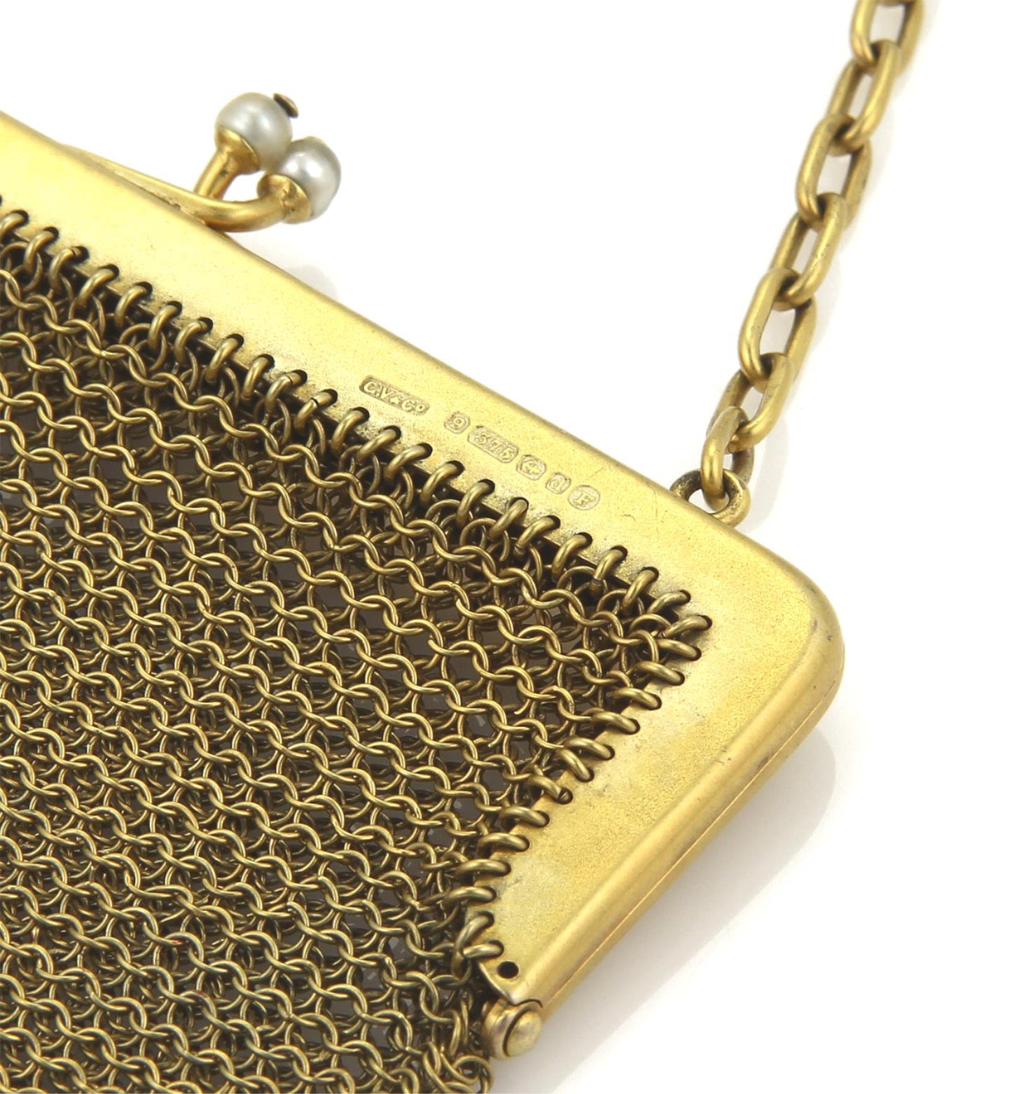 Victorian 9k Yellow Gold & Pearls Mesh Purse Bag Circa 1800s