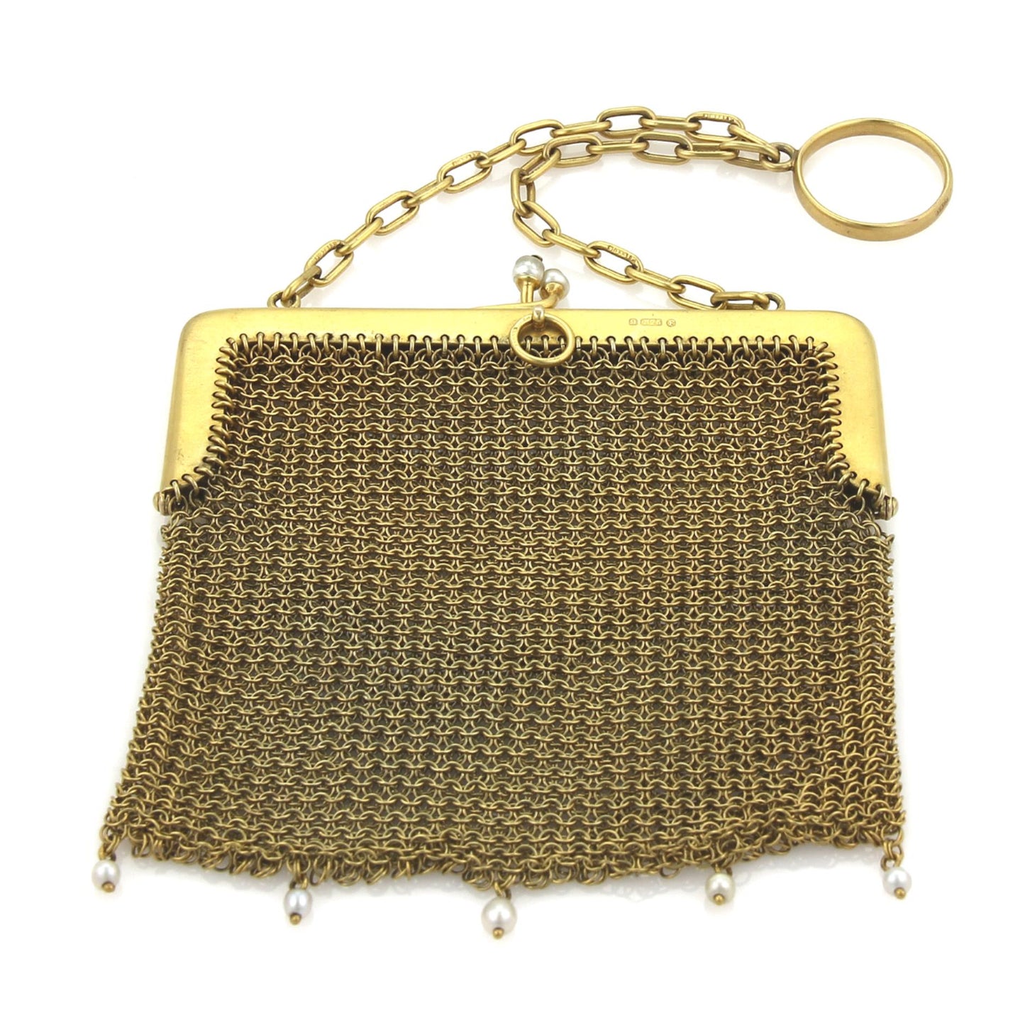 Victorian 9k Yellow Gold & Pearls Mesh Purse Bag Circa 1800s