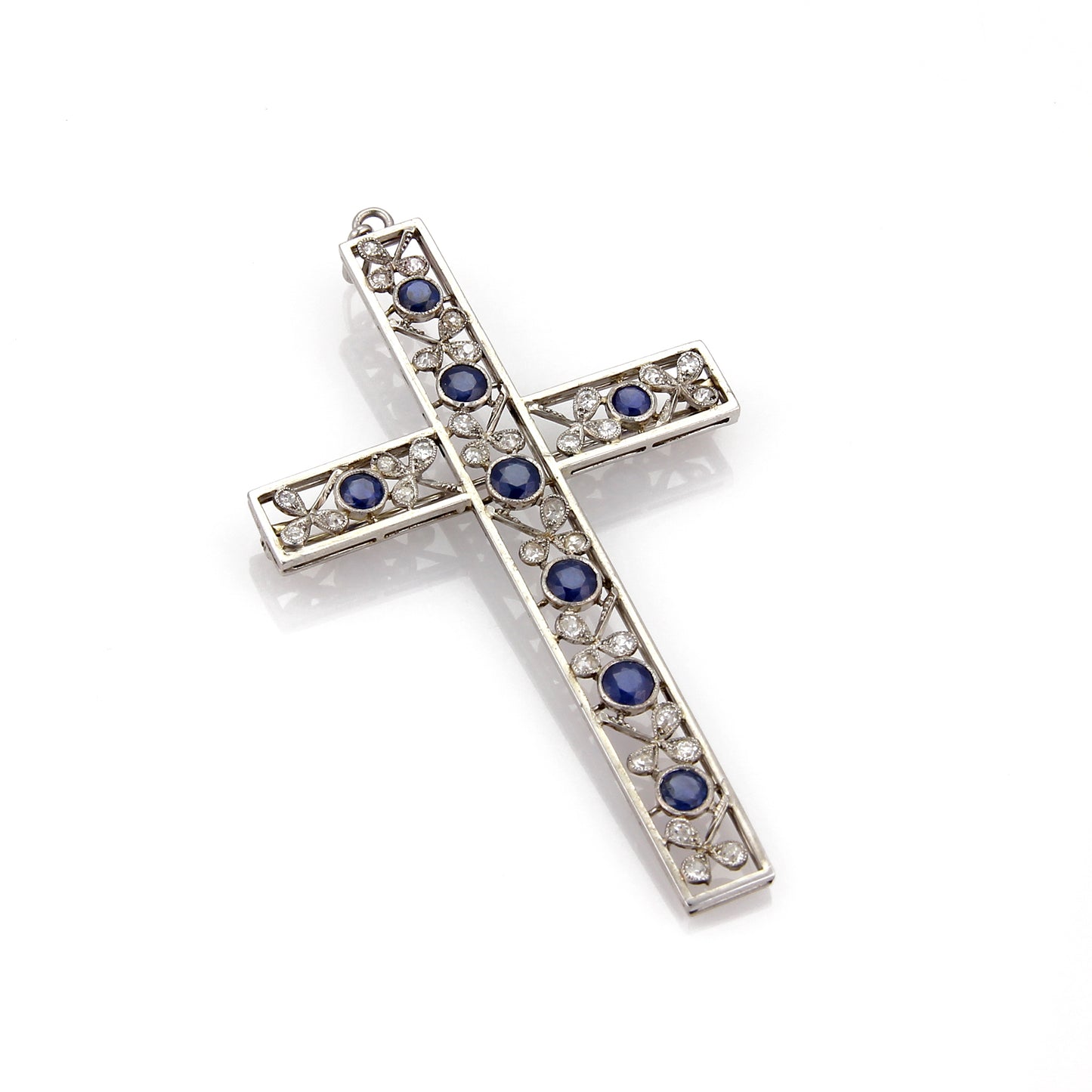 Large Floral  Platinum Diamond & Sapphire Cross Pendant Brooch | Charms & Pendants | catalog, Charms, Estate, Pendants, Vintage | Estate