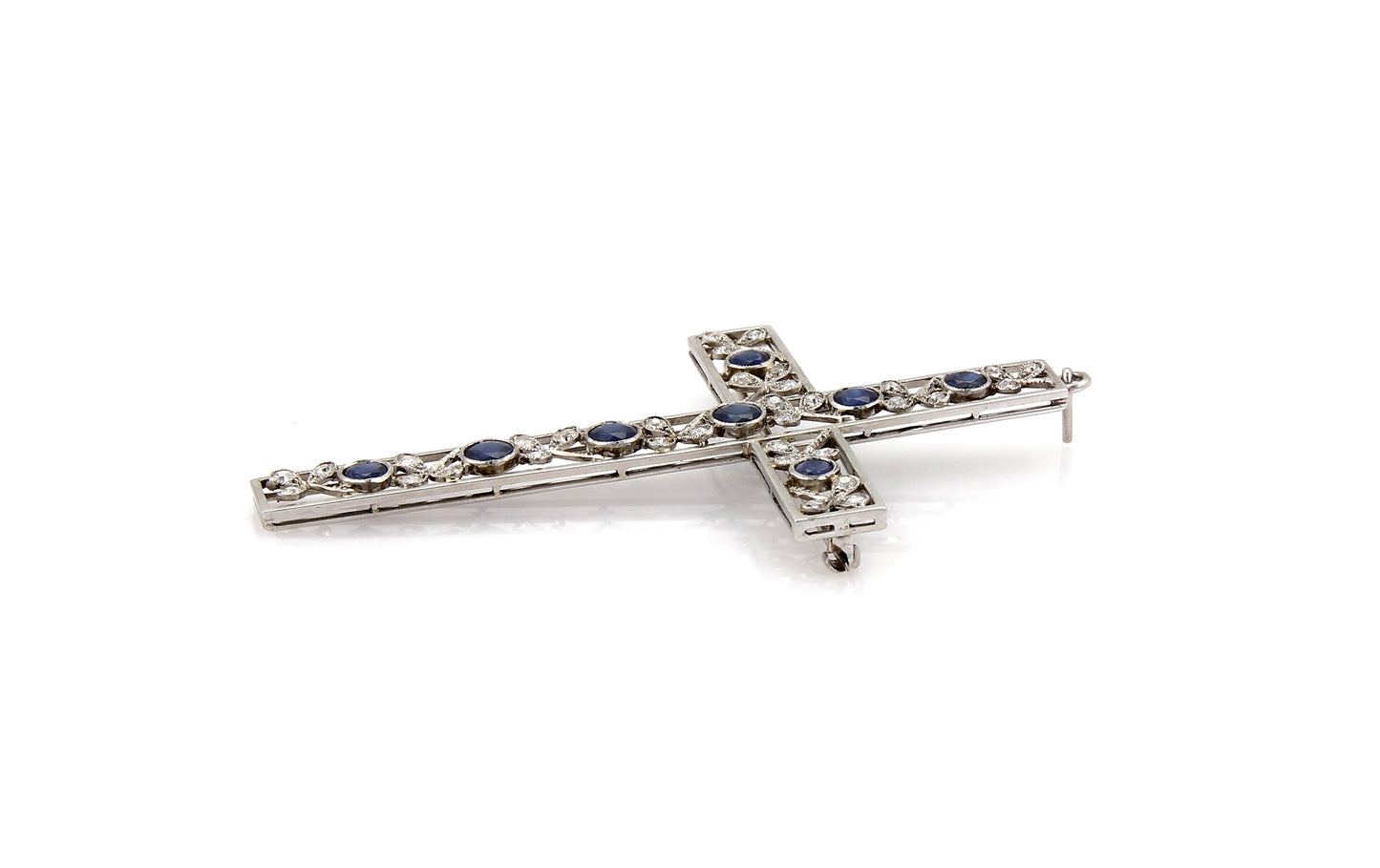 Large Floral  Platinum Diamond & Sapphire Cross Pendant Brooch