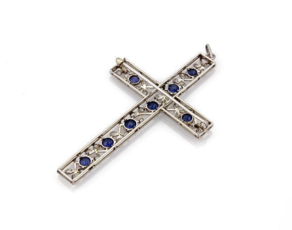 Large Floral  Platinum Diamond & Sapphire Cross Pendant Brooch