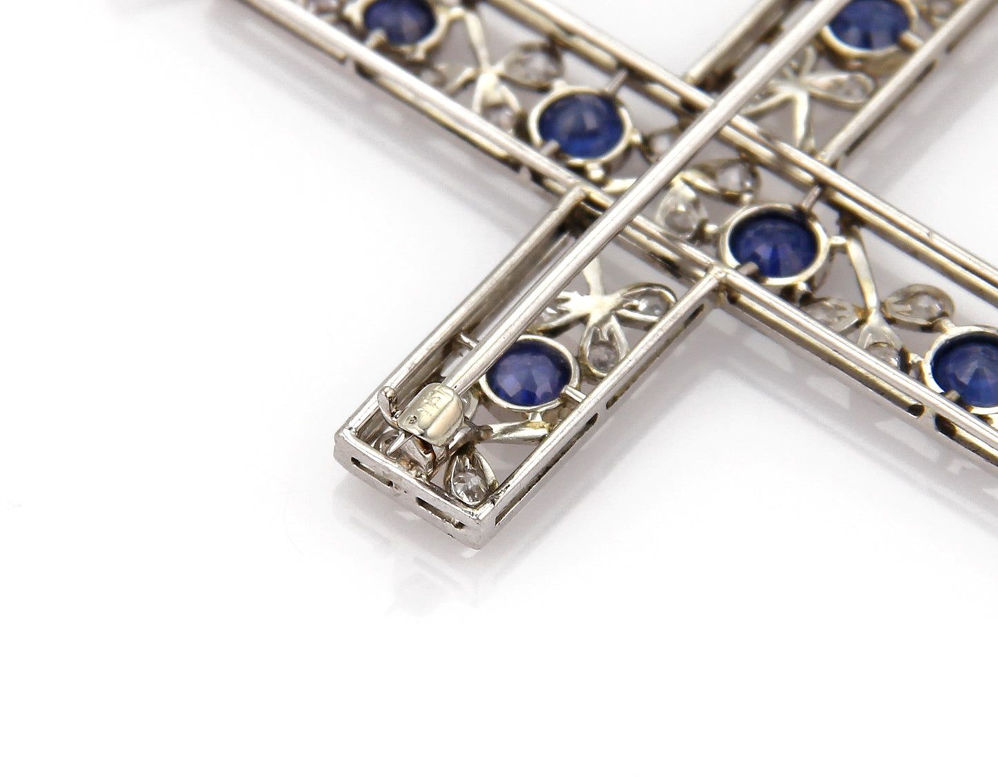 Large Floral  Platinum Diamond & Sapphire Cross Pendant Brooch