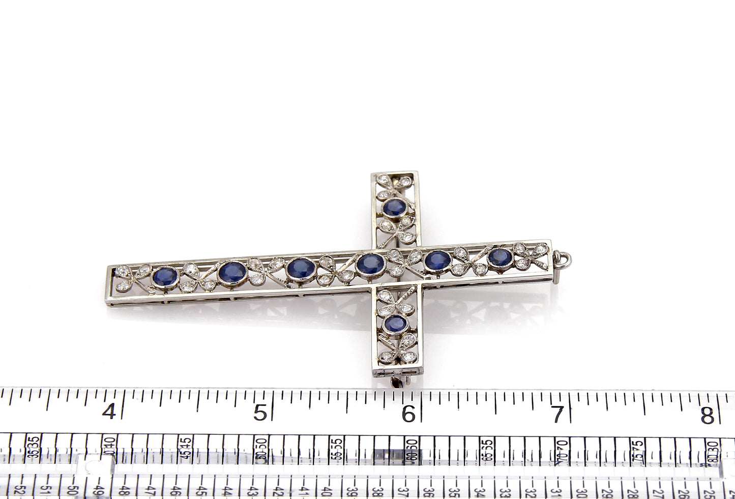 Large Floral  Platinum Diamond & Sapphire Cross Pendant Brooch