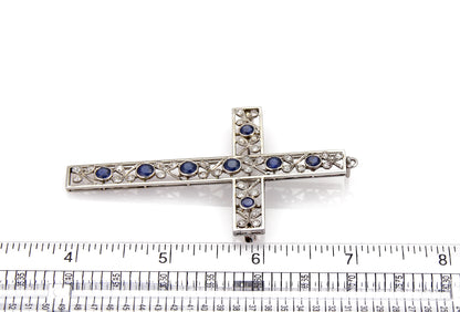 Large Floral  Platinum Diamond & Sapphire Cross Pendant Brooch