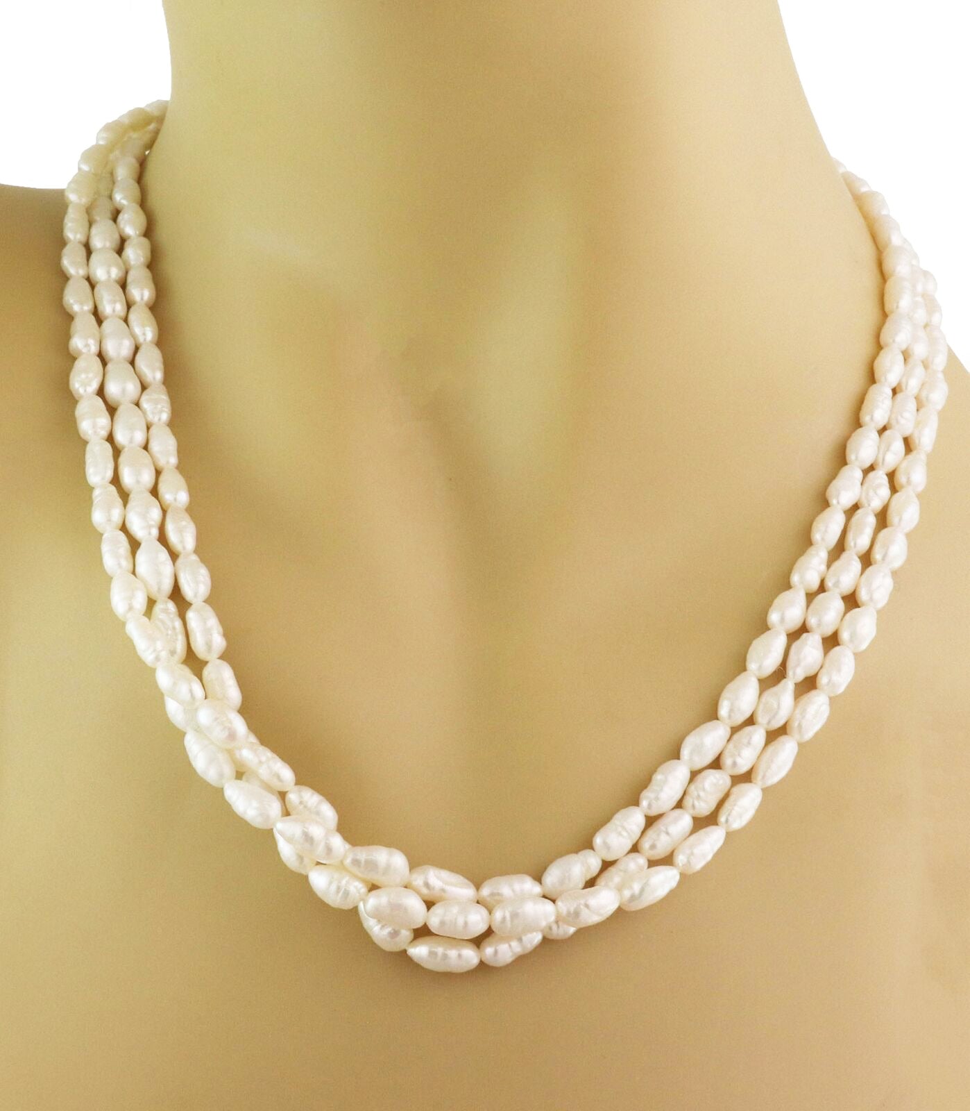 Diamond & Gems 3 Strand Freshwater Rice Pearls 14k Gold Necklace