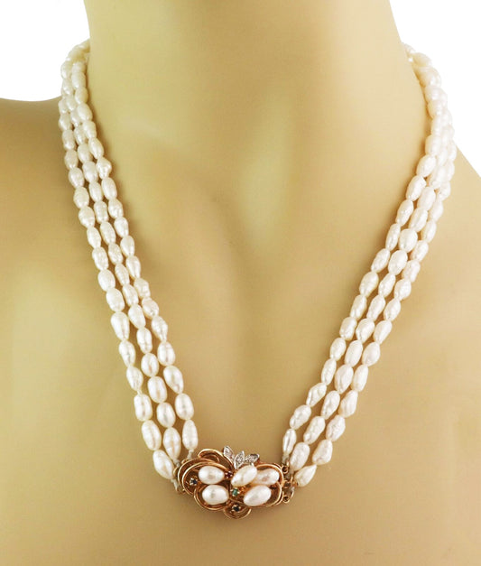 Diamond & Gems 3 Strand Freshwater Rice Pearls 14k Gold Necklace | Necklaces | catalog, Estate, Necklaces, Pearls | Estate