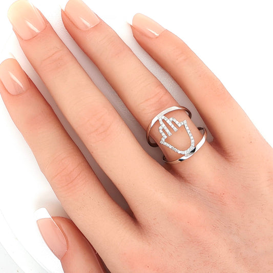 Diamond Open Hamsa Hand 18k White Gold Ring Size 7