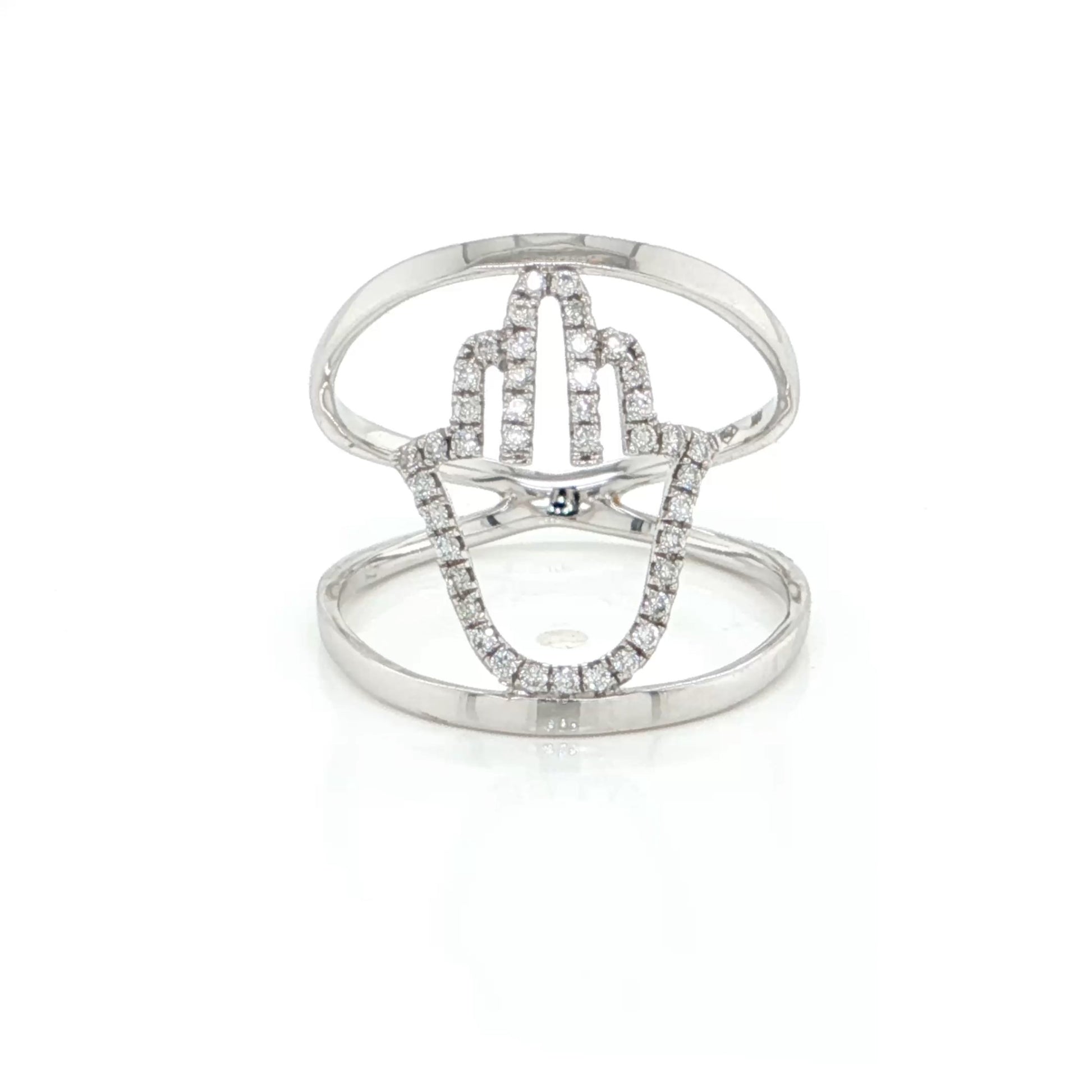Diamond open Hamsa Hand ring with a sculptural double-wire band in 18k white gold