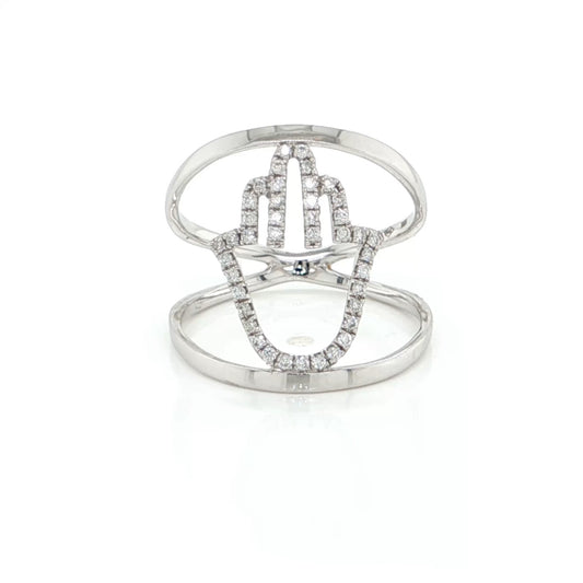 Diamond open Hamsa Hand ring with a sculptural double-wire band in 18k white gold