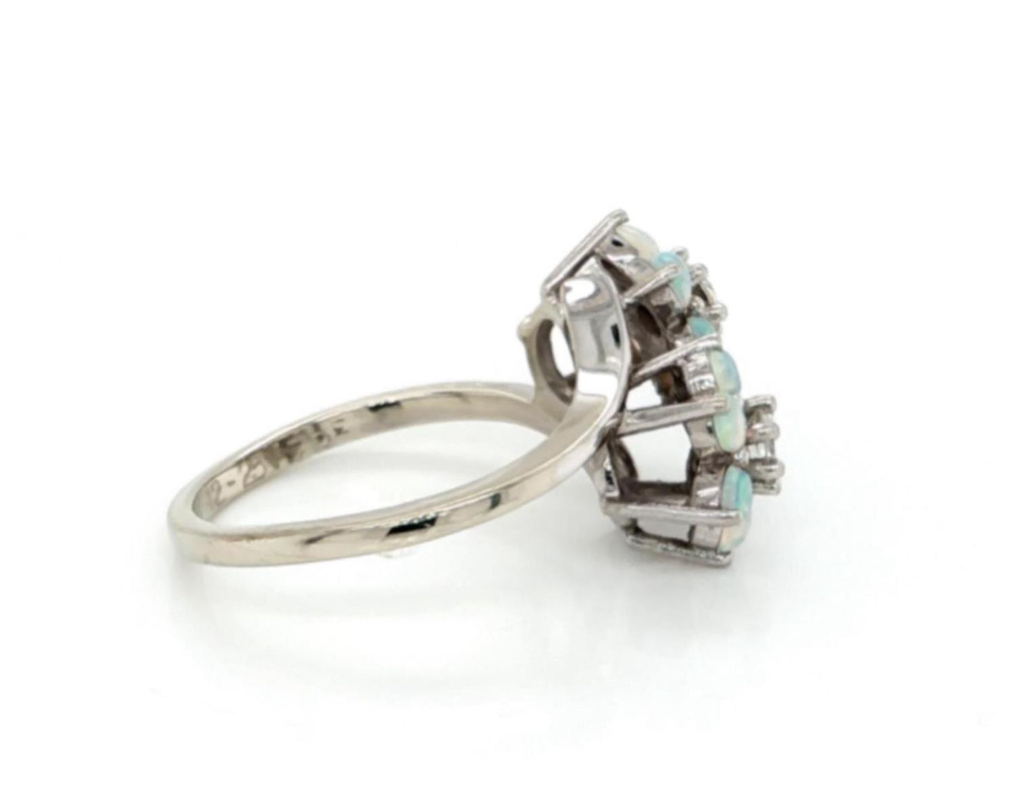 Diamond Opal Double Flower 14k White Gold Ring Size 5.5