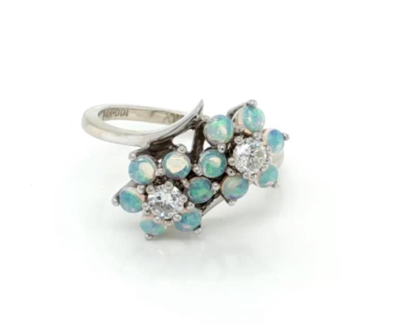 Double flower opal and diamond ring in 14k white gold