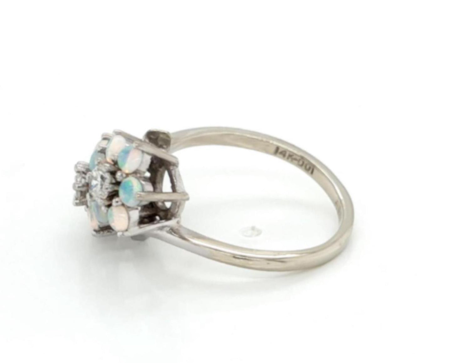 Diamond Opal Double Flower 14k White Gold Ring Size 5.5